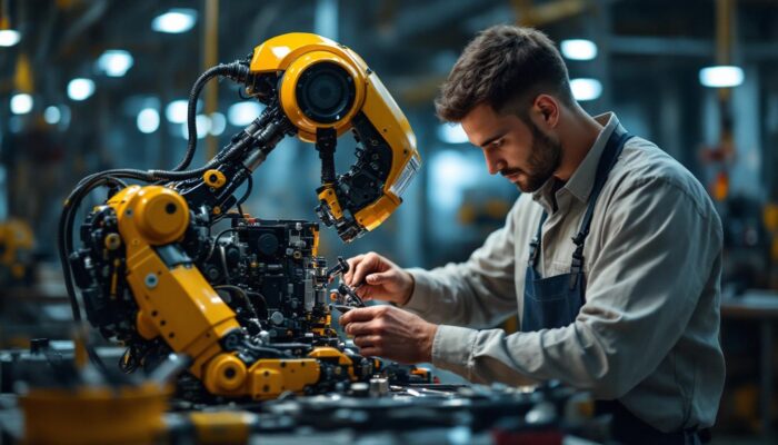 A photograph of a skilled technician meticulously repairing a complex industrial robotic device in a well-lit workshop