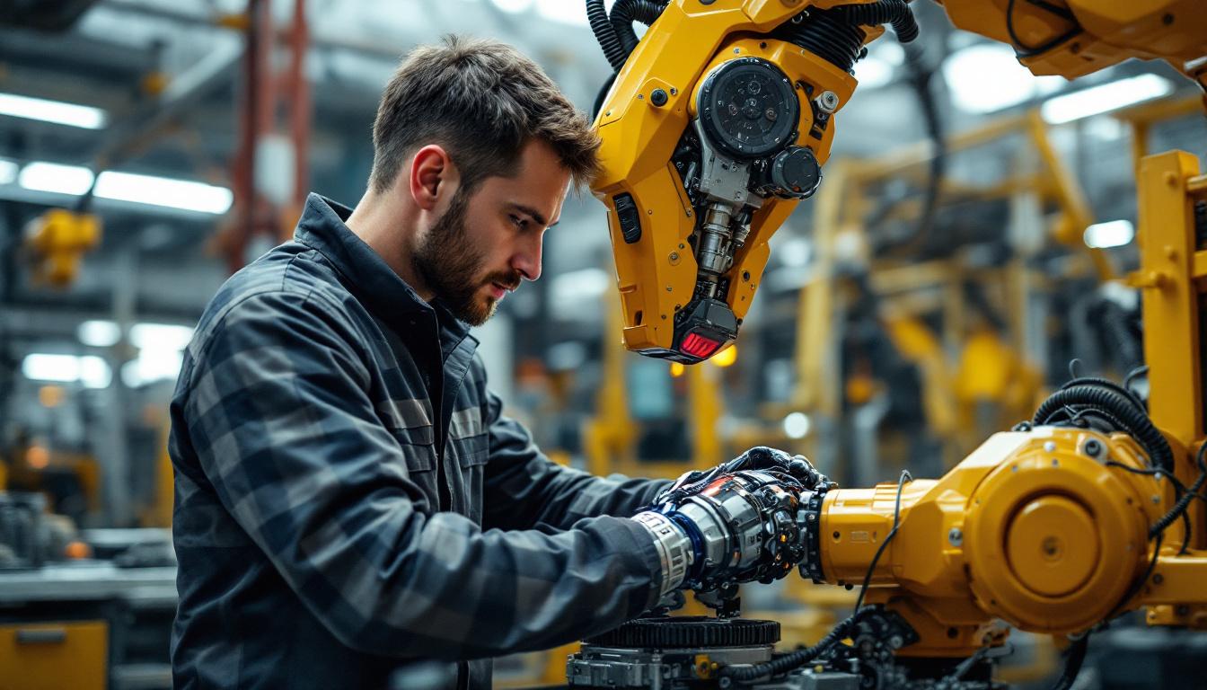 A photograph of a dynamic industrial setting featuring a skilled technician interacting with an advanced industrial robot