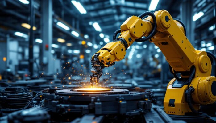 A photograph of a sleek industrial robotic arm in action