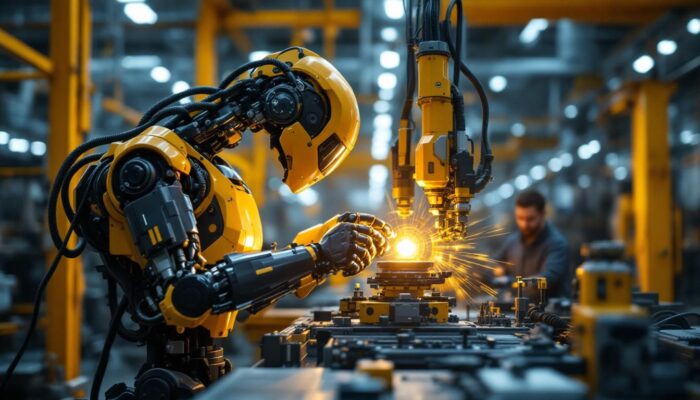 A photograph of a dynamic industrial robot in action within a manufacturing setting
