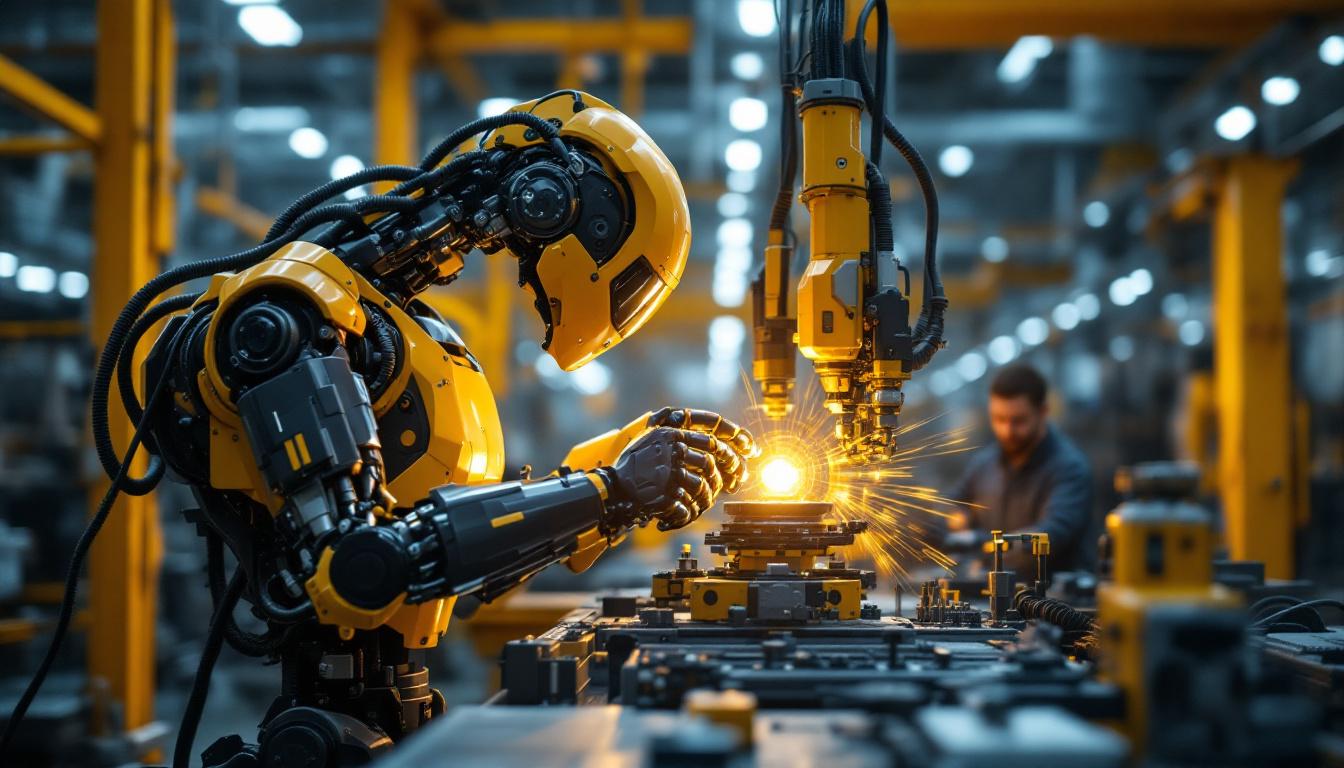 A photograph of a dynamic industrial robot in action within a manufacturing setting