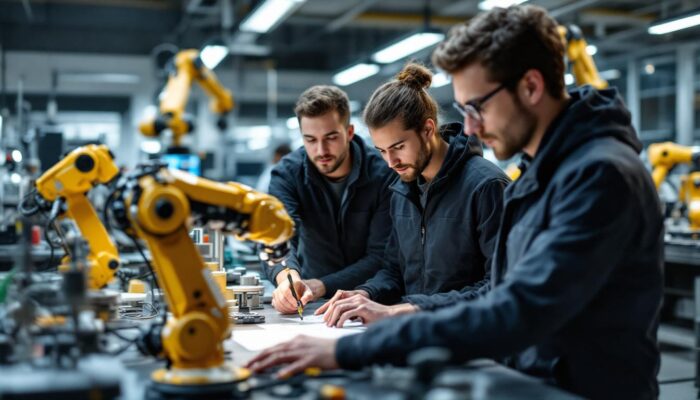 A photograph of a dynamic scene featuring students and professors collaborating on aerospace engineering projects