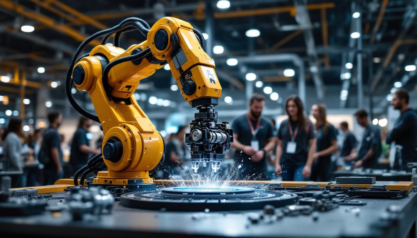 A photograph of a dynamic industrial robotic arm in action