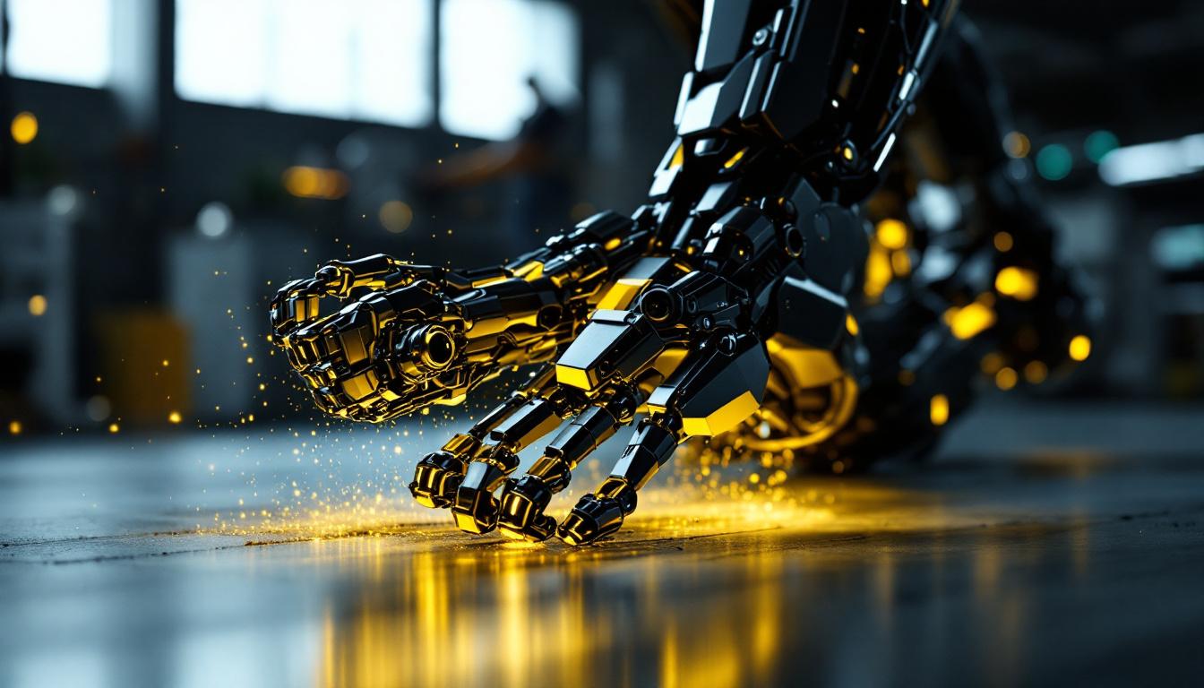 A photograph of a striking industrial robotic foot model in action