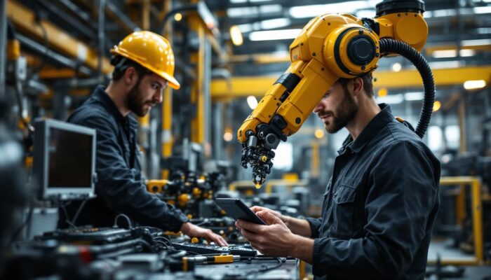 A photograph of a skilled technician programming or operating an industrial robotic arm in a modern construction setting