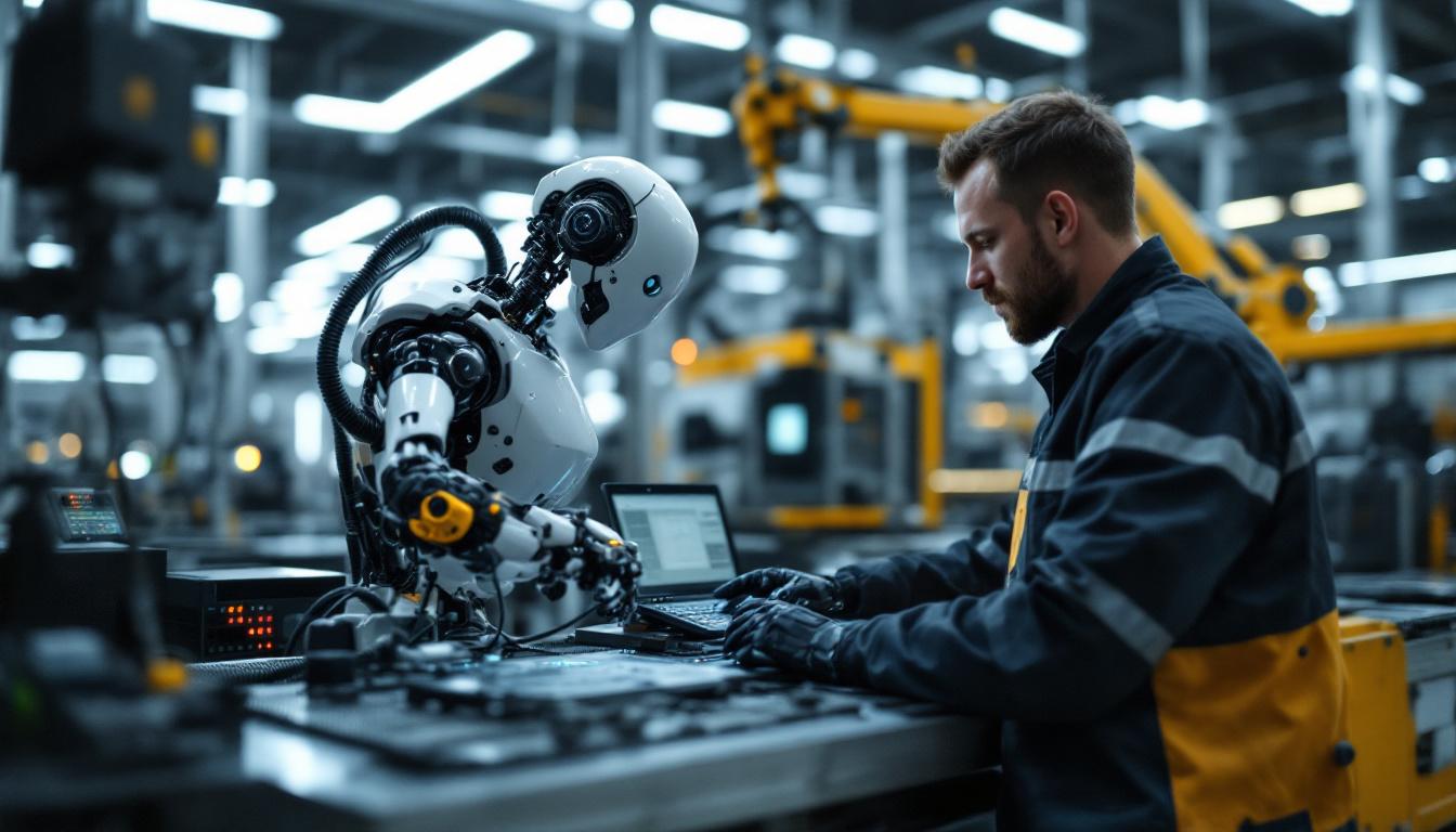 A photograph of a computer engineer working alongside an industrial robot in a modern manufacturing environment