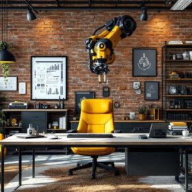 A photograph of a modern industrial home office setup featuring sleek robotic elements