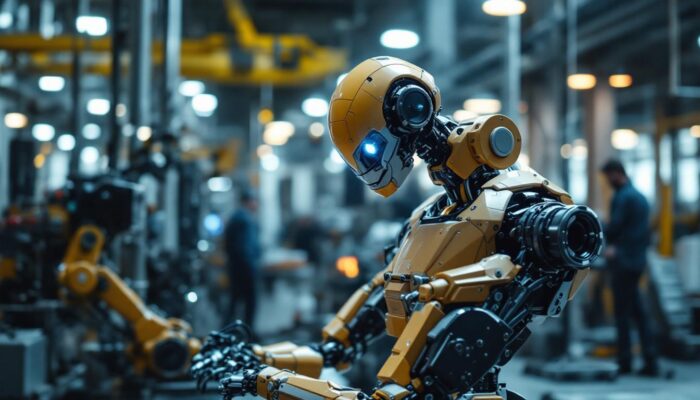 A photograph of a dynamic industrial robot in action