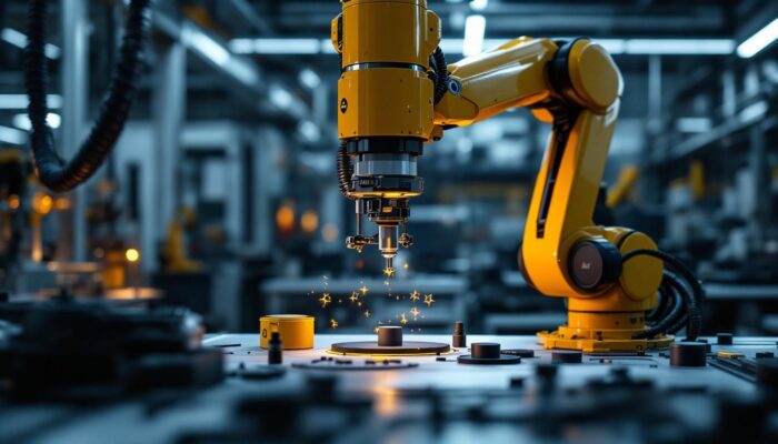 A photograph of a sleek industrial robotic arm in action