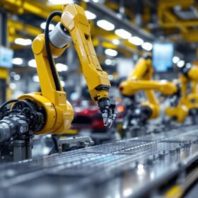 A photograph of capture a photograph of a tesla factory floor showcasing industrial robots in action
