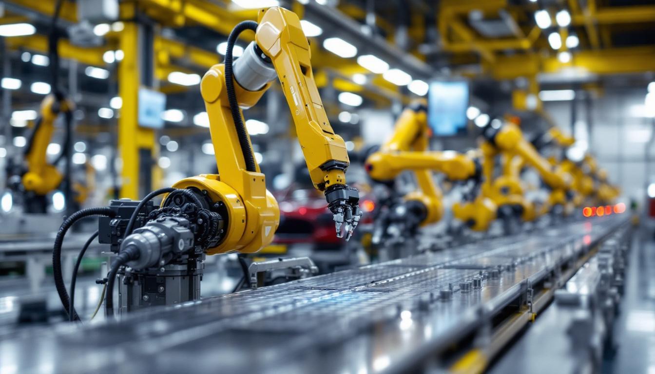 A photograph of capture a photograph of a tesla factory floor showcasing industrial robots in action