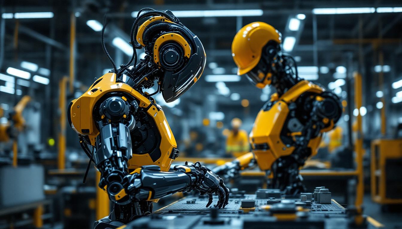 A photograph of a modern industrial robot in action on a factory floor