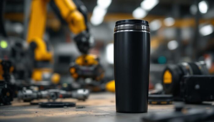 A photograph of capture a photograph of a sleek black 40oz stanley tumbler placed prominently on a workbench surrounded by industrial robotic components