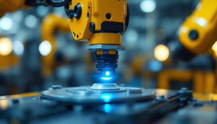 A photograph of a close-up of an industrial robot arm in action