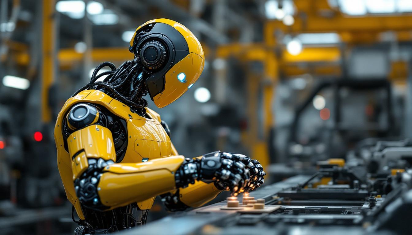 A photograph of a sleek industrial robot in action within a modern manufacturing environment