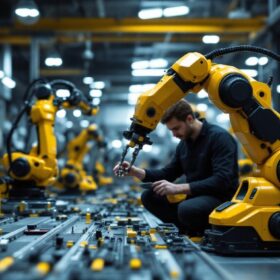 A photograph of a modern industrial workspace showcasing robotic automation in action