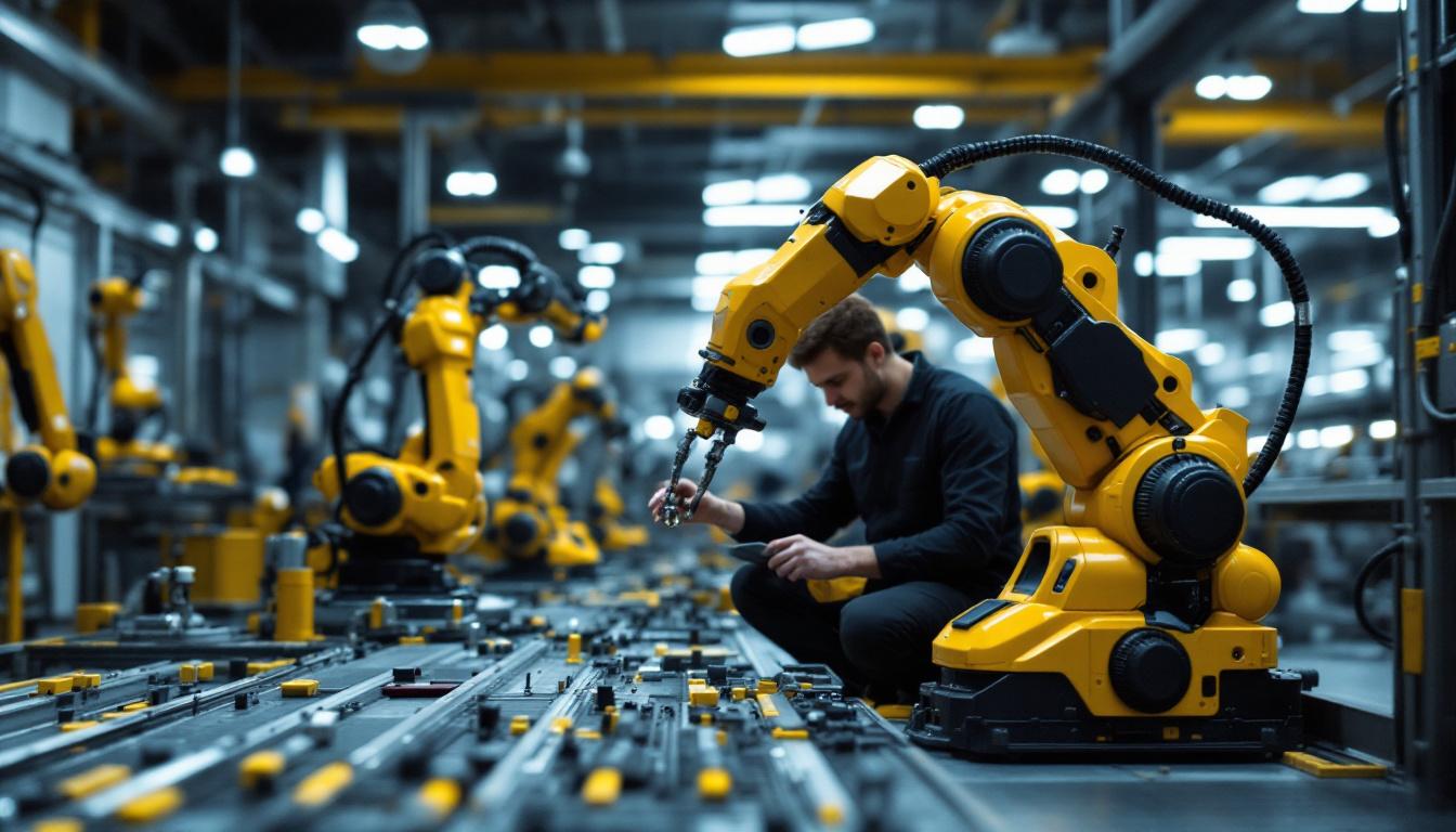 A photograph of a modern industrial workspace showcasing robotic automation in action