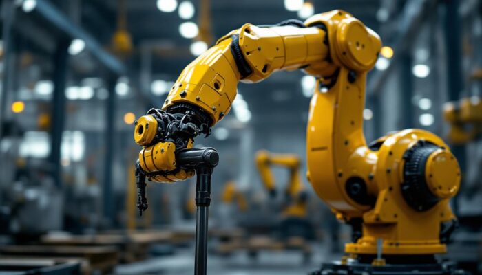 A photograph of a robust industrial robotic arm in action