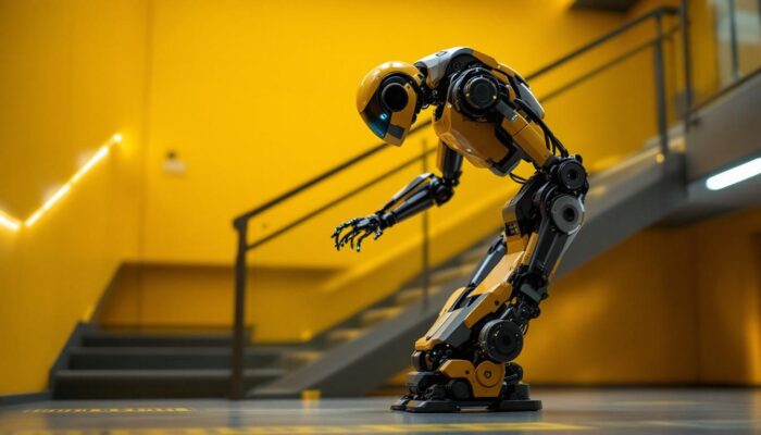 A photograph of a sleek industrial robot in action as it navigates and maneuvers down a set of stairs