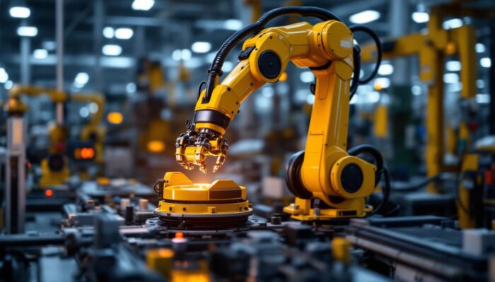 A photograph of a sleek industrial robotic arm in action
