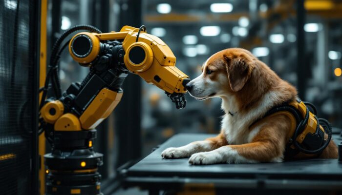 A photograph of a sleek industrial robotic arm equipped with a dog sensor in action