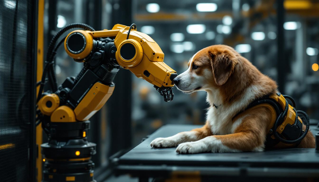 A photograph of a sleek industrial robotic arm equipped with a dog sensor in action
