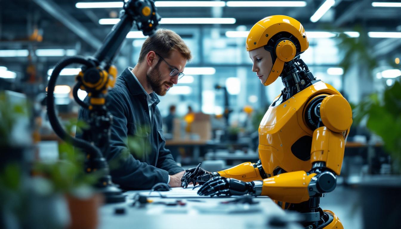 A photograph of a skilled data annotator working alongside an industrial robot in a modern workspace