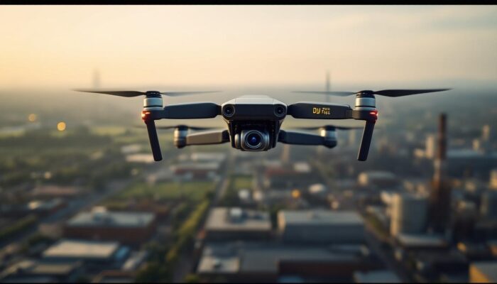 A photograph of a dji drone equipped with a 3d focus system and a lidar sensor in action over an industrial landscape