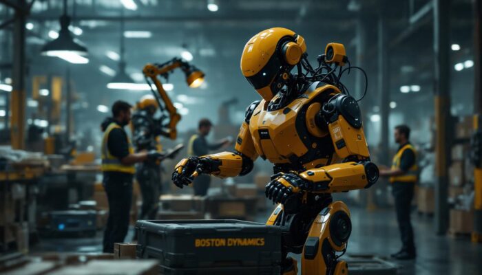 A photograph of a dynamic industrial setting featuring a boston dynamics robot in action