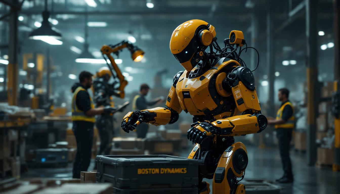 A photograph of a dynamic industrial setting featuring a boston dynamics robot in action