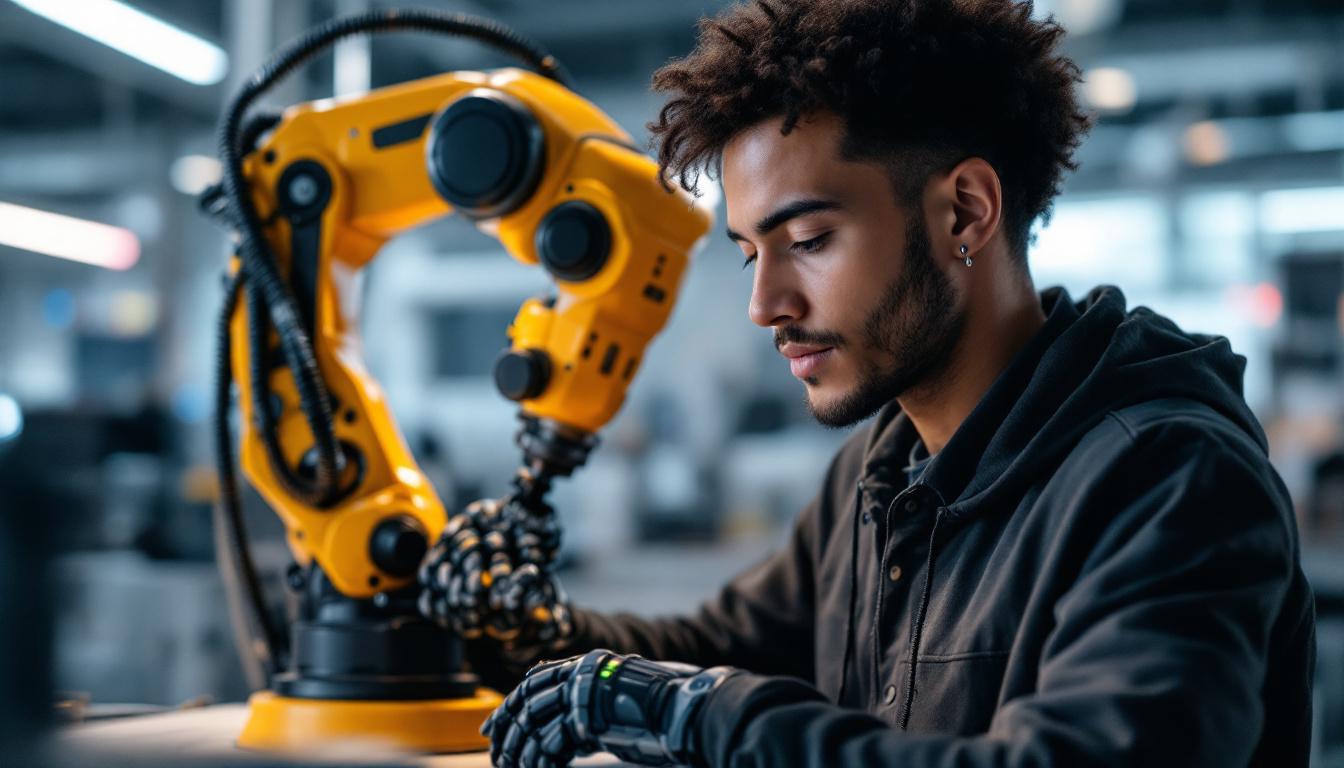 A photograph of a boston university biomedical engineering student working hands-on with an industrial robot in a lab setting