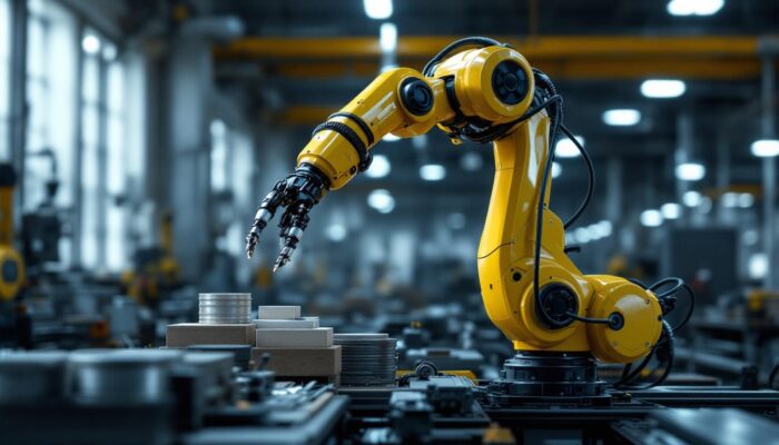A photograph of a sleek industrial robotic arm in action