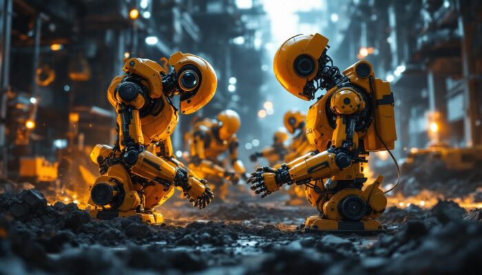 A photograph of a dynamic scene showcasing industrial robots in action on a construction site