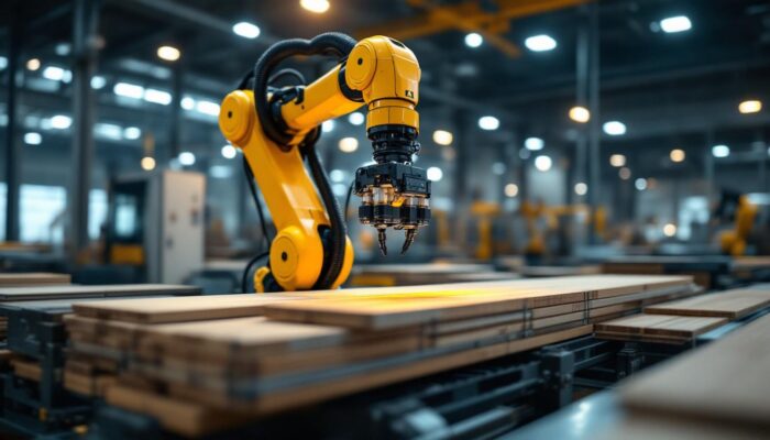 A photograph of a sleek industrial robotic arm in action within a modern manufacturing facility