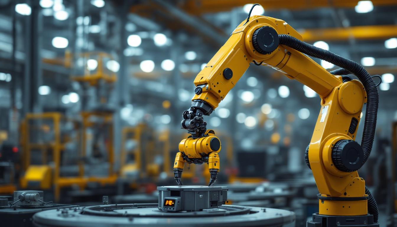 A photograph of a dynamic industrial robotic arm in action