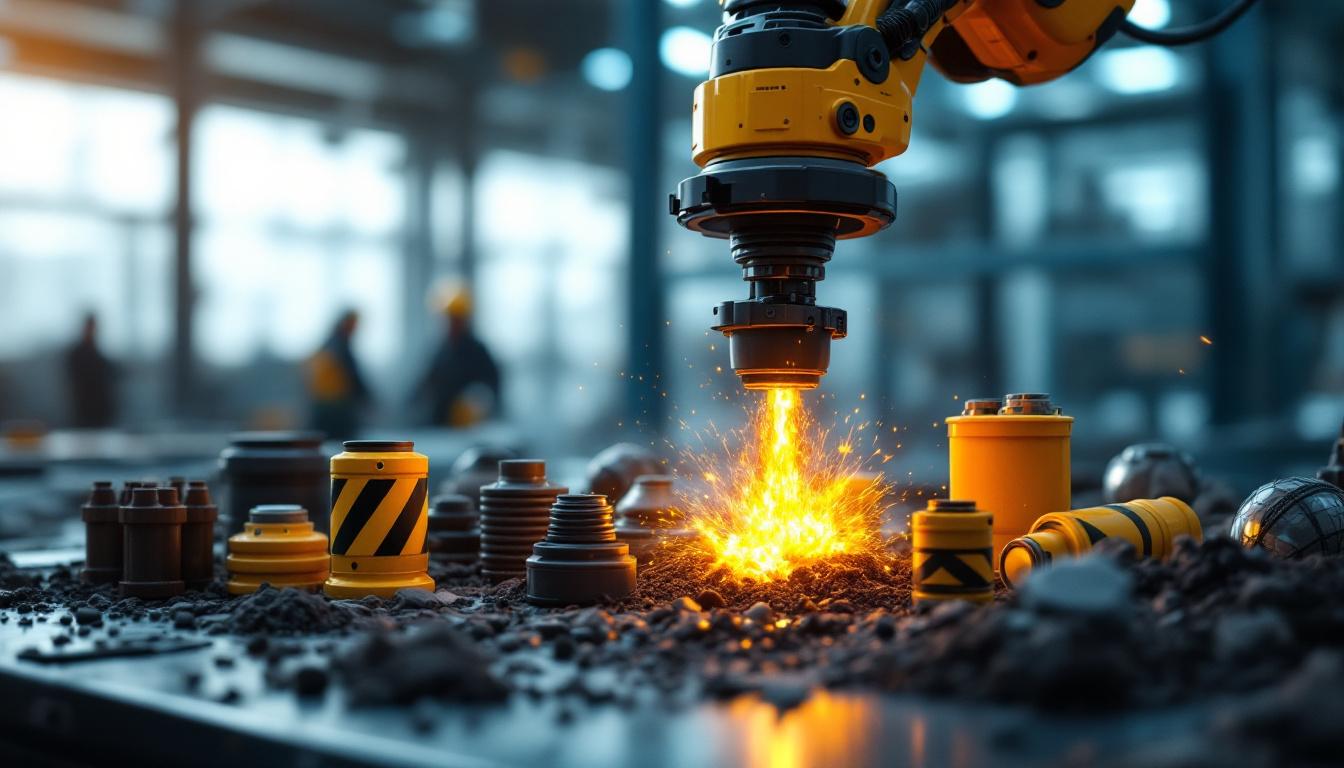 A photograph of a high-tech industrial robotic arm interacting with a variety of explosive mine types in a controlled environment