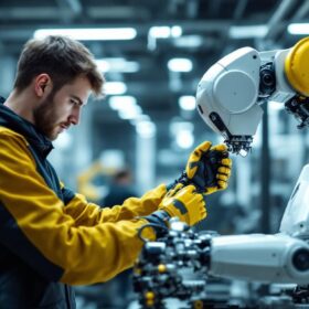 A photograph of a skilled intern working hands-on with an industrial robot in a modern engineering lab