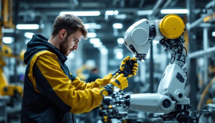 A photograph of a skilled intern working hands-on with an industrial robot in a modern engineering lab