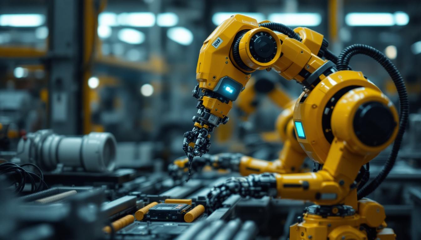 A photograph of an industrial robot in action within a manufacturing environment