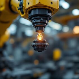 A photograph of a close-up view of a flame sensor mounted on an industrial robotic arm