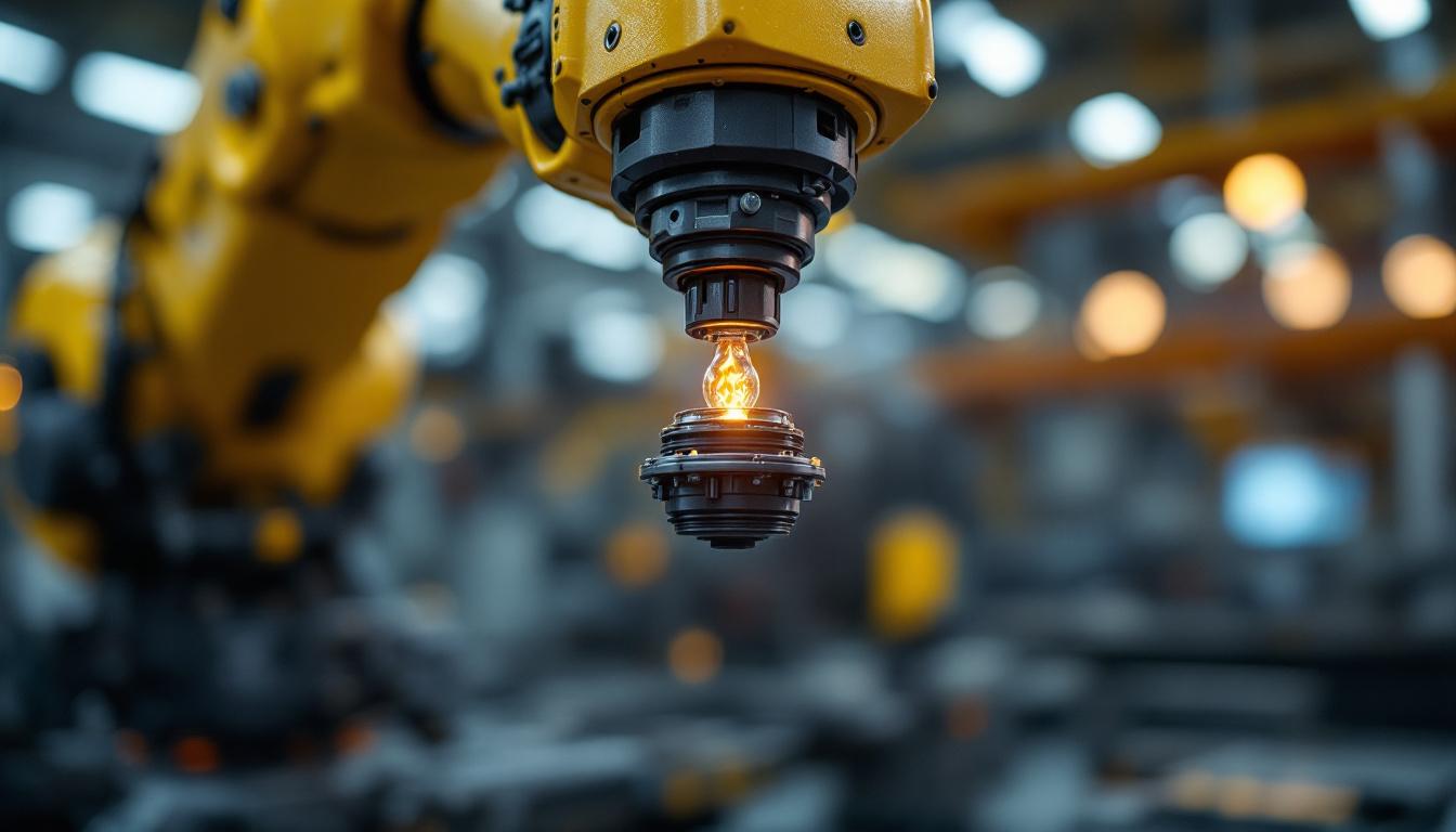 A photograph of a close-up view of a flame sensor mounted on an industrial robotic arm
