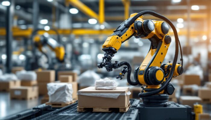 A photograph of a sleek industrial robotic arm in action