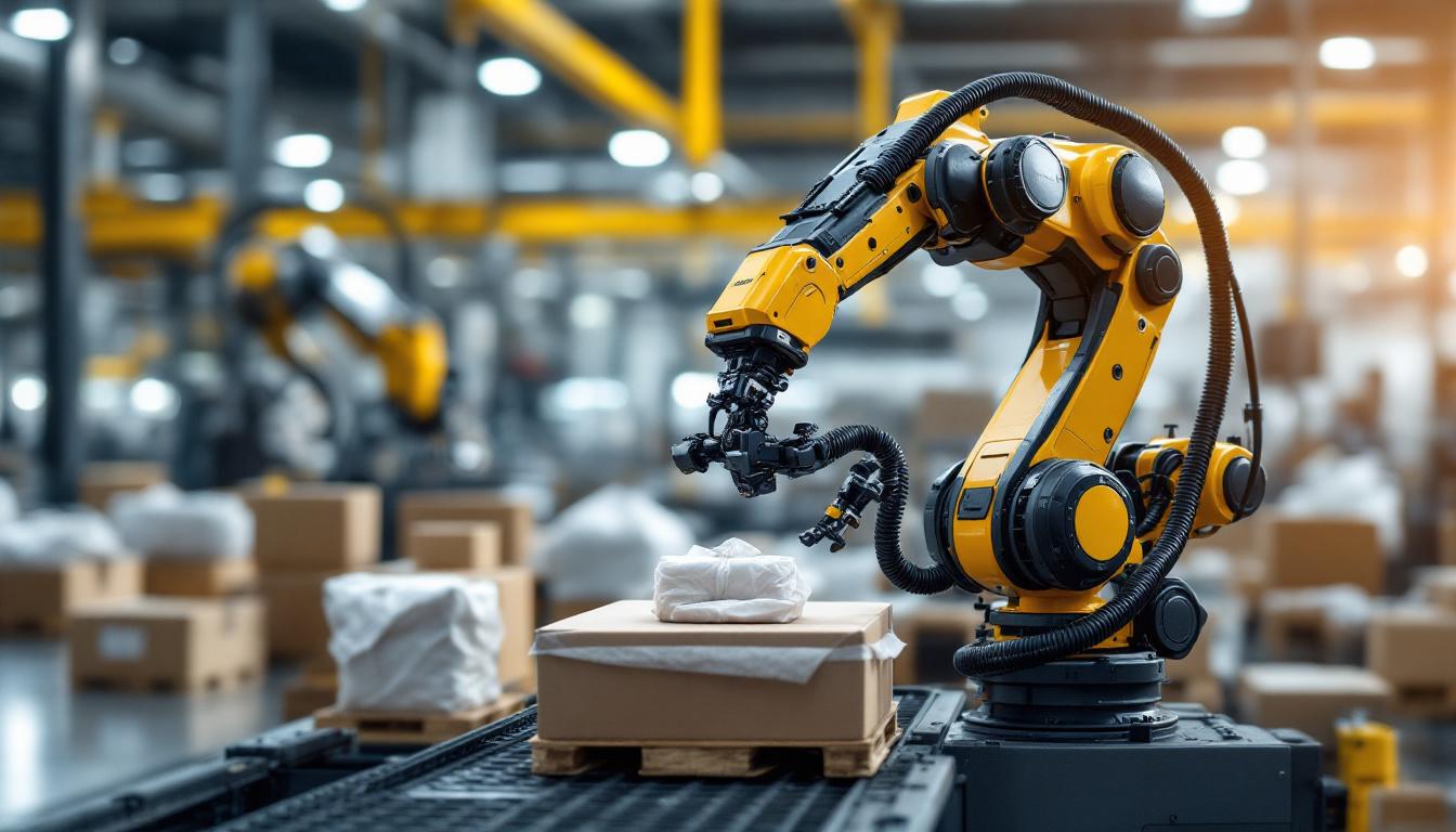 A photograph of a sleek industrial robotic arm in action