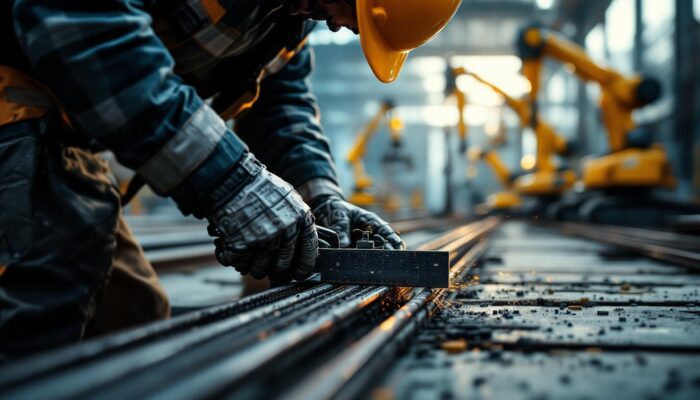 A photograph of a close-up of a construction worker measuring and cutting rebar on a job site