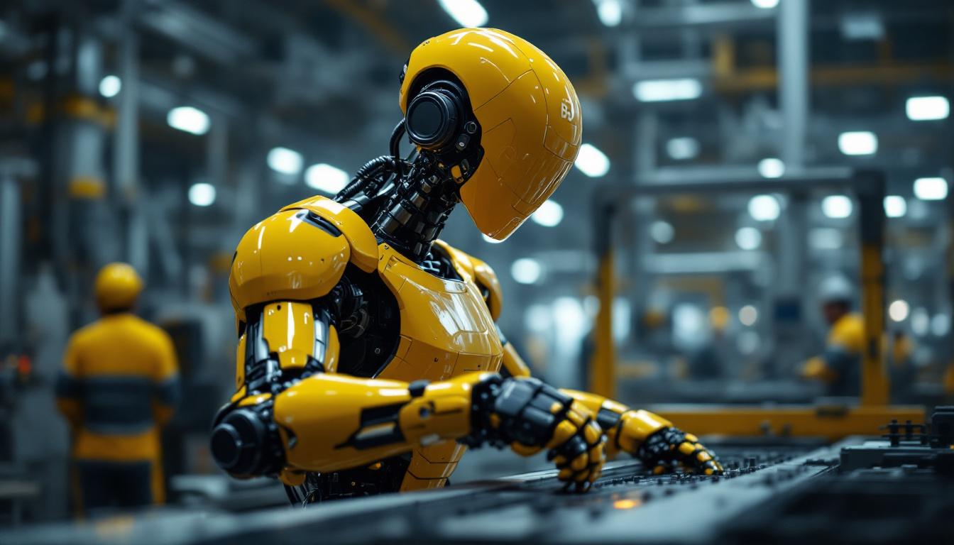 A photograph of a sleek industrial robot in action within a boston manufacturing setting