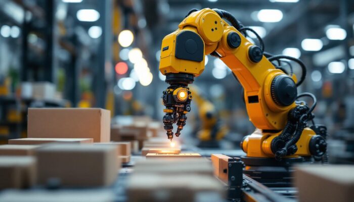 A photograph of a close-up of an industrial robot equipped with load sensing technology in action