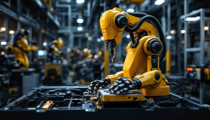A photograph of a dynamic industrial robot in action within a manufacturing setting