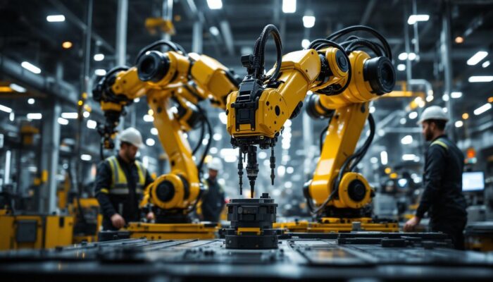 A photograph of a dynamic industrial setting featuring advanced robotic arms in action