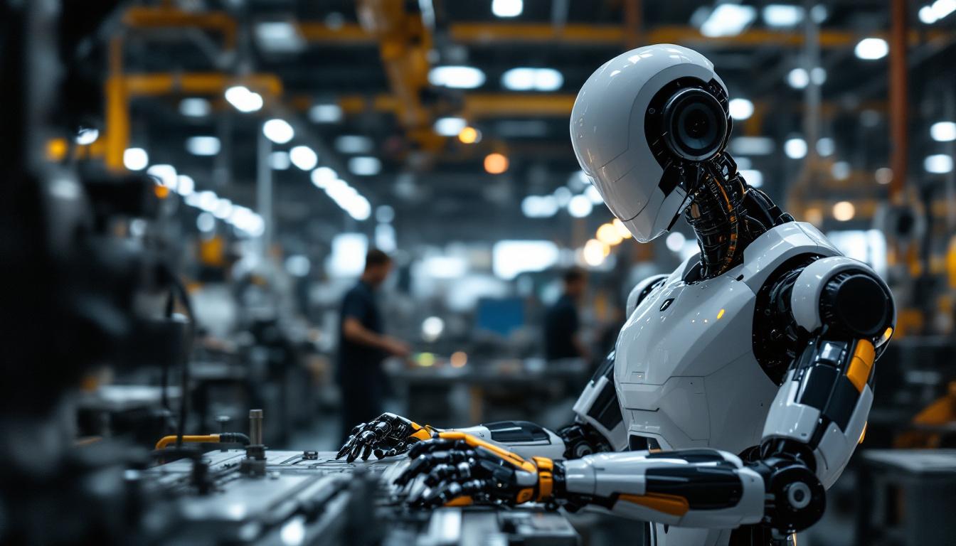 A photograph of a modern industrial robot in action within a manufacturing setting