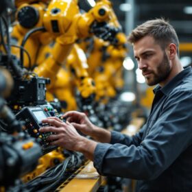 A photograph of a skilled electrical engineer working on an industrial robotic system in a modern manufacturing facility